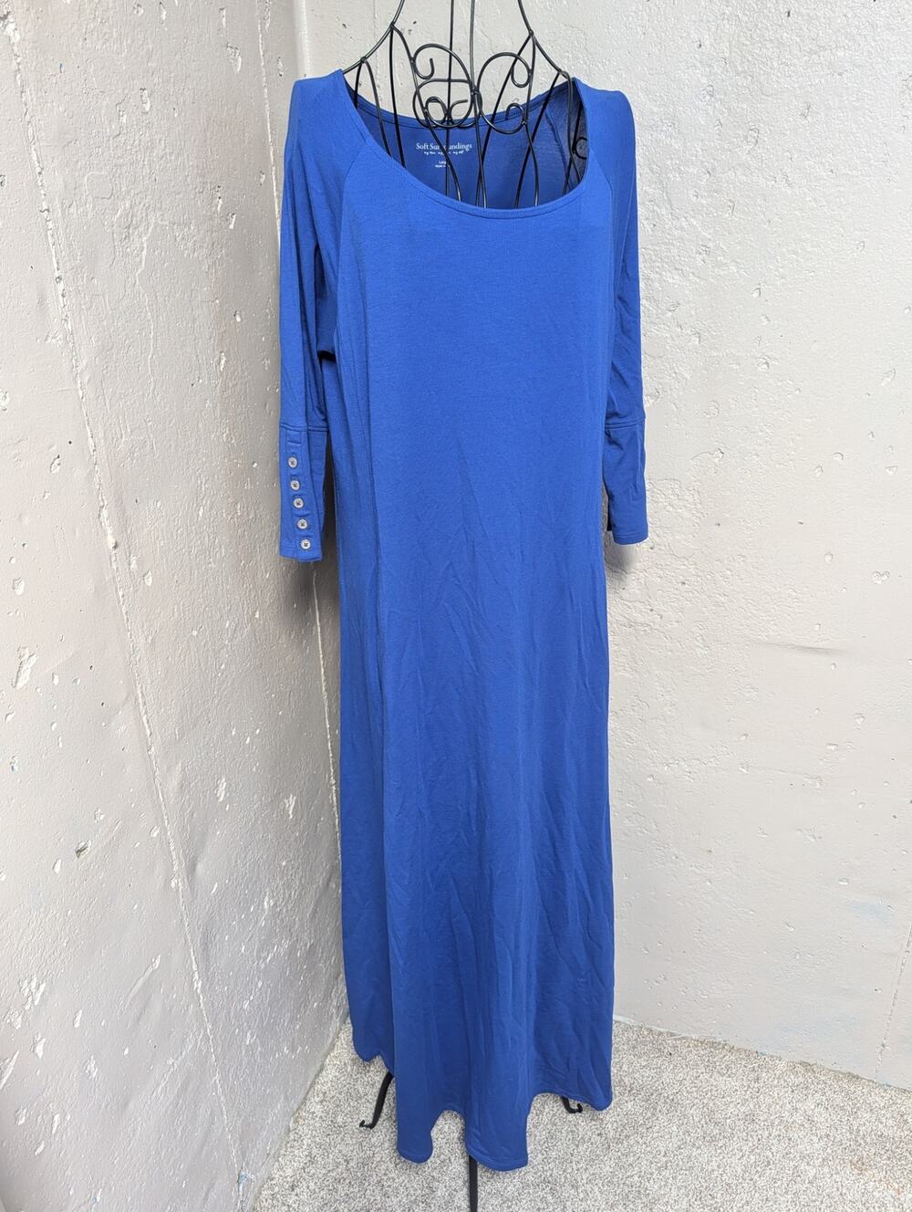 Soft Surroundings Pima Cotton Modal Maxi Dress L Blue Pockets Button Cuffs